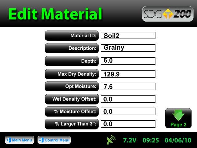 Defining and Editing a Material From the Control Menu, Press Material for the Material Details screen. The material highlighted in green on the left is displayed in detail on the right.