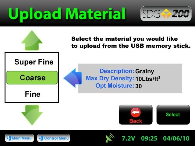 Uploading a Material The file name of the materials located on the USB drive will appear on the left and some details identifying that specific material will be displayed on the right.