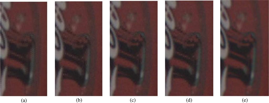 s method; (b) adaptive homogeneity; (c) Hamilton-Adam s method; (d) PCSD; (e) proposed (LMMSE). Fig. 12. Comparison of different demosaiking methods on raw CFA image Fig. 8(2). (a) Gunturk et al.