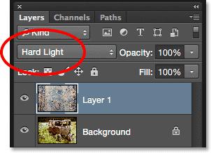 The more subtle Soft Light effect. For a much stronger effect, try the Hard Light blend mode which I'll move to by pressing the plus (+) key one last time: Switching to the Hard Light blend mode.
