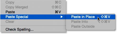 With the photo's document now active, go back up to the Edit menu and this time, choose Paste Special, then Paste in Place: Going to