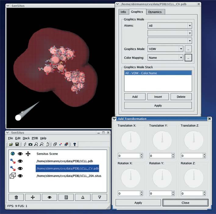 128 S. Birmanns, W. Wriggers / Journal of Structural Biology 144 (2003) 123 131 Fig. 2. SenSitus interactive fitting session. Visible are the main 3D graphics window and the central user interface.