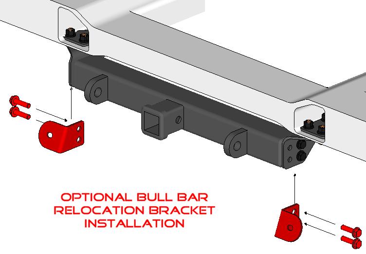 Step 6: Reattach the fascia to each wheel well liner using the six new ¼ captured push-pin fasteners provided in place of the rivets you removed. 9) OPTIONAL: Install the bull bar relocation brackets.