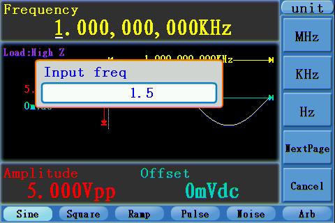 5.Front Panel Operation To Set the Amplitude Figure 5-2: Set the frequency using number keys Press F2, confirm whether the Ampl menu item is highlighted; if not, press F2 to switch into Ampl.