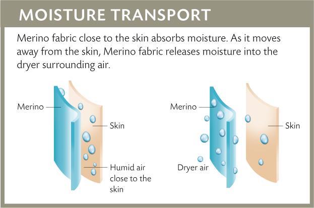 Moisture management Merino fiber can absorb up to 35% of its dry weight in moisture vapor,