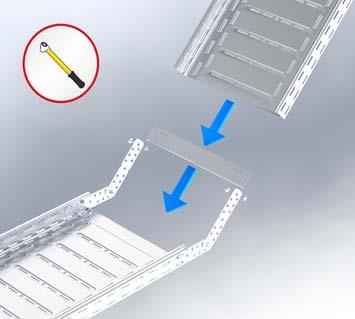 Cut out the side rail of the cable tray flush to the bottom in width B = the extension cable tray width + 120 mm.