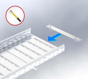 Push tray end plate (REB) onto cable tray and screw to the bottom in two places if the width is at least 200 mm.
