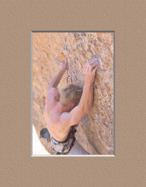 The pink matte (b) on the top-right matches with the color of the climbers shoulders, giving the impression that the climbers arm projects beyond the image plane.