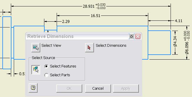 Retrieving Dimensions in the Drawing All dimensions with or without tolerances that were created in the model can be re-used in the drawing (IDW) by utilizing the Retrieve dimension tool.