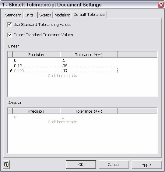 Export Standard Tolerance Values- Select check box to export dimensions to drawings using the precision and tolerance values set on this tab.