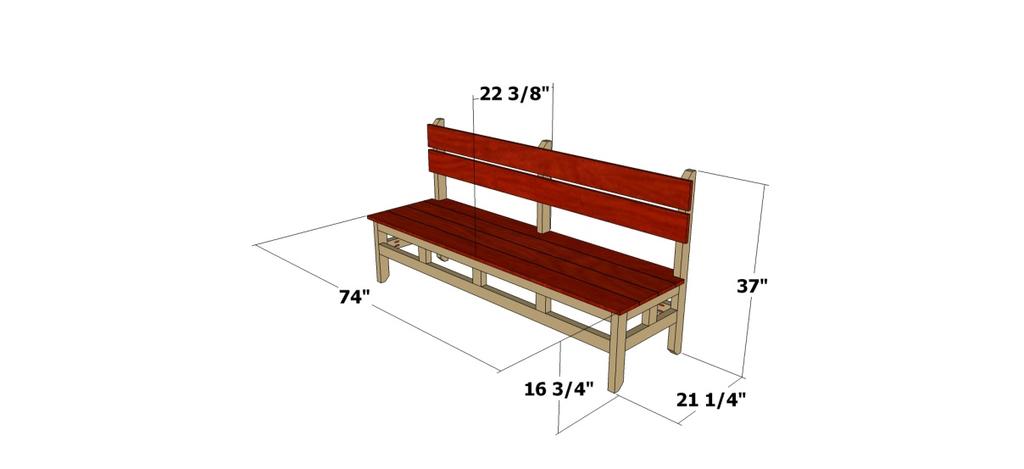 1/2 x 33 3/4 Back Seat Slat (1) - 1 1/2 x 5 1/2 x 74 Seat Slats (3) - 1 1/2 x 5 1/2 x 74 Back Slats (2) - 1 1/2 x 5 1/2 x 74 All parts are listed in actual dimensions.