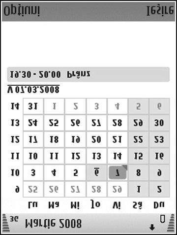 Ecranele agendei Puteţi comuta între următoarele ecrane: Ecranul lunar indică luna curentă şi înregistrările din calendar pentru ziua selectată dintr-o listă.