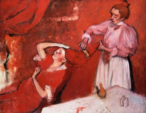 The other is much sketchier and painted with only few colours, but very atmospheric. Combing the hair (around 1896) by Edgar Degas.