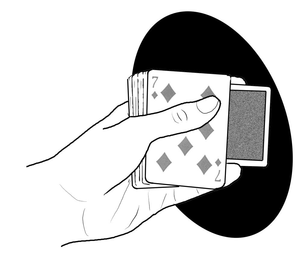 The left hand acts as a stop as the right hand moves to the left and squares up the pack. Figure 5 shows the squaring in progress.
