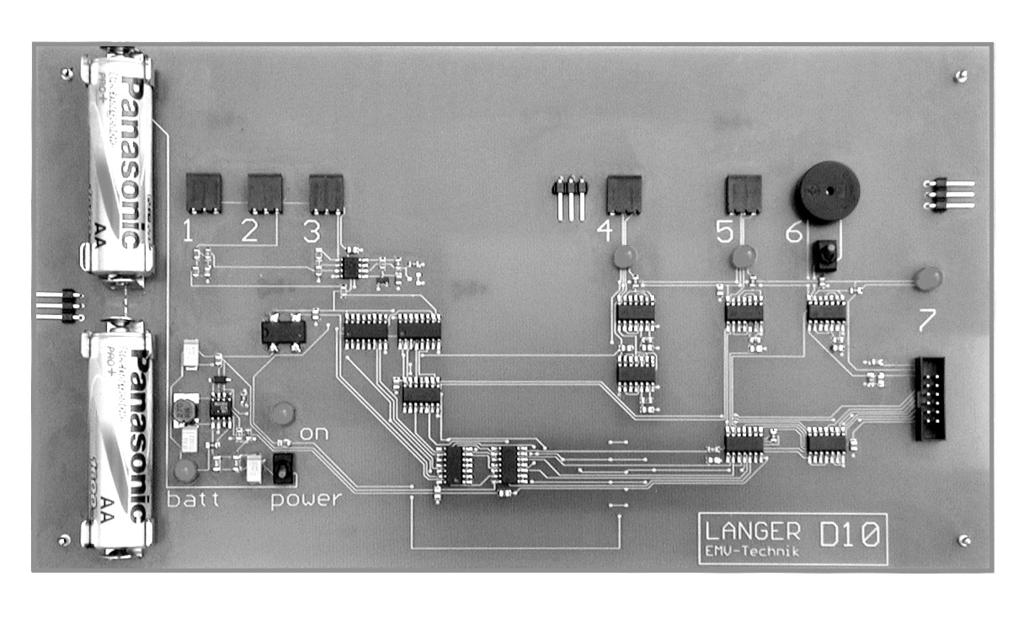 Demonstration board description Normal operation: LED5 flashes slowly battery: 2x 1,2 V or 2x 1,5 V 5 sockets to connect sensors 1-3 : analogue 4-5 : digital Analogue amplifier Clock generation LED4
