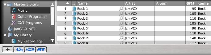 Library / List In the library you can edit and manage songs you ve loaded into Jam- VOX, guitar programs, GXT program data, and program information.