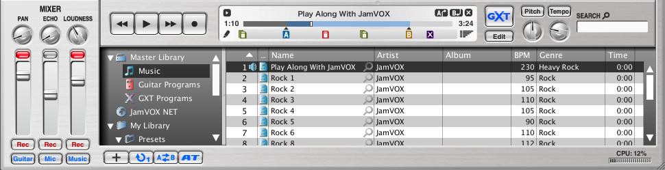 JamVOX owner s manual Step2 Play back a song and cancel the guitar part Mixer Record button Progress bar GXT button Source list Main list 1 Add song data from your computer to the library by dragging