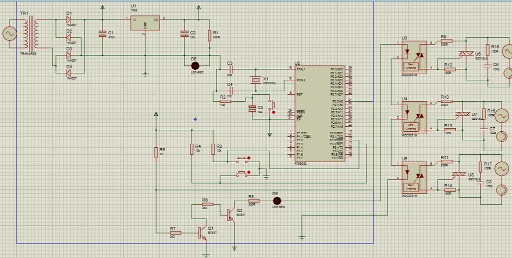 The software implementation of the actual circuit is as follows: In the above circuit a power block is made with the help of transformer, bridge rectifier and voltage regulator.