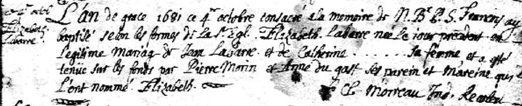 Recollet Registers (1679-1696) {25342} Baptisms [Note: Date indicates when birth occurred. MBA] ca. 18 Jun 1681 Aucoin, Louise #255 godparents: Antoine Morin & Marguerite Bourgeois bapt.