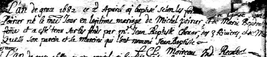 23 Apr 1682 Hebert, Marie #342 father: Estienne Hebert mother: Jeanne Commaux godparents: Pierre Terriot & Marie Tibaudeau bapt.