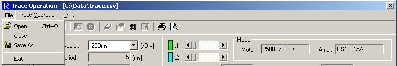 Each function of trace operation can be accessed by selecting it in the menu bar of Trace Operation. [File] Open : Open the trace operation data stored in the file.