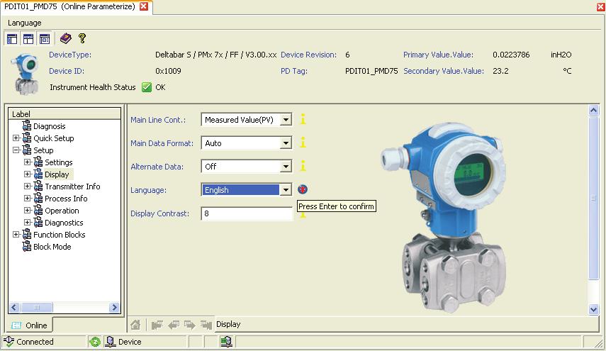 Ex. 2-1 Differential-Pressure Transmitter Configuration Procedure 15. Go to Setup Display, select the desired language (Figure 2-13), and press Enter to confirm your choice. Figure 2-13.