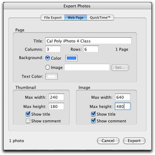Figure 20: Export Photos to Web Page 5. Type a title for the web page (the name of the photo album will appear as the title by default but you can change it if you wish). 6.