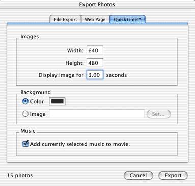 14 2. Choose File > Export 3. When the dialog box appears, click on the QuickTime tab. 4. Select the desired options from the choices below: a.