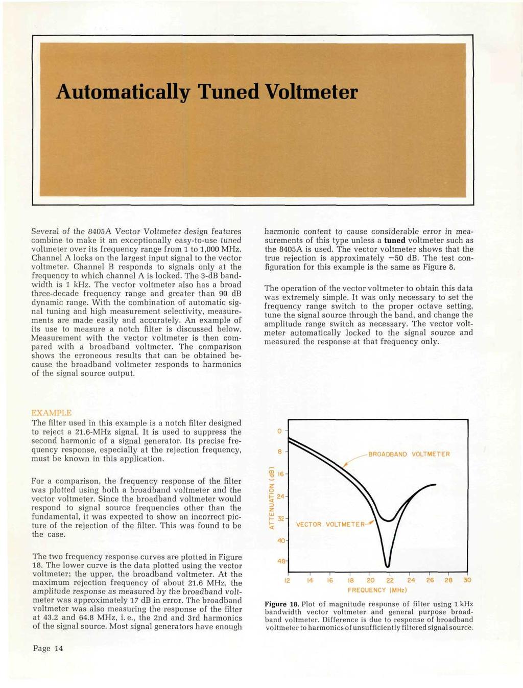 Automatically Tuned Voltmeter Several of the 8405A Vector Voltmeter design features combine to make it an exceptionally easy-to-use tuned voltmeter over its frequency range from 1 to 1,000 MHz.
