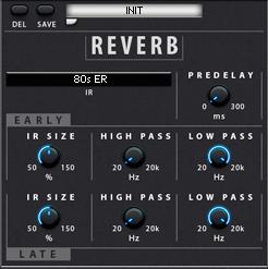 Reverb Load (rounded target), Save and Delete channel presets Load an IR (Impulse Response) Set the Predelay (0 to 300 ms) Set the IR Size, High Pass and Low