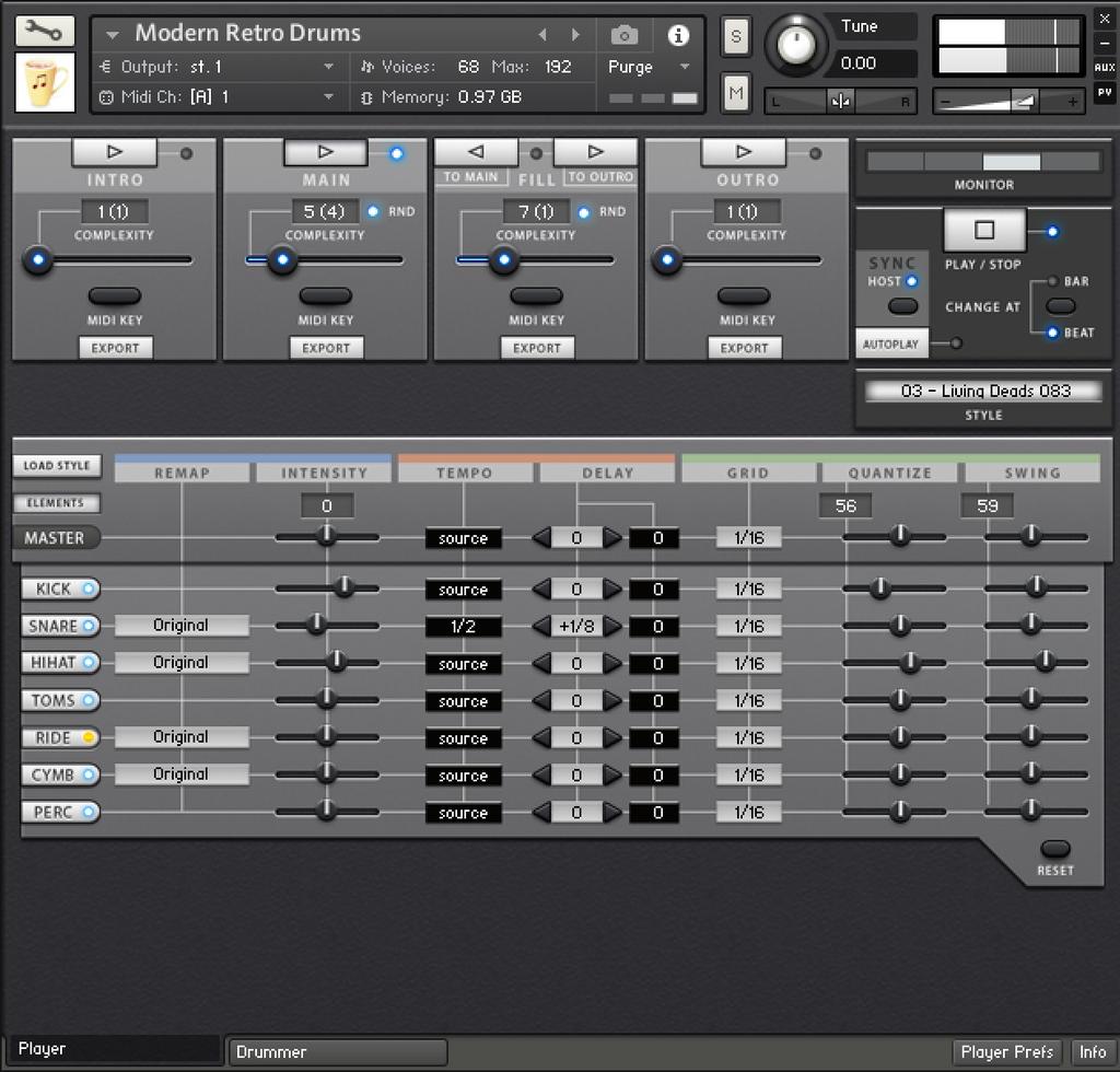 Player (2) Apply any realtime transformation to separate kit-piece categories Mute a single kit-piece Remap some kit-pieces based on pattern content (Snare to Sidestick, HiHat to only Shank or only