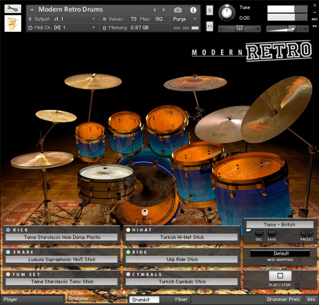 DrumKit Load, Save and Delete Global Presets Click on the Preset name to enter a new Name, then click Save Click on the Next and Previous Preset arrows to browse through Factory and User presets Use