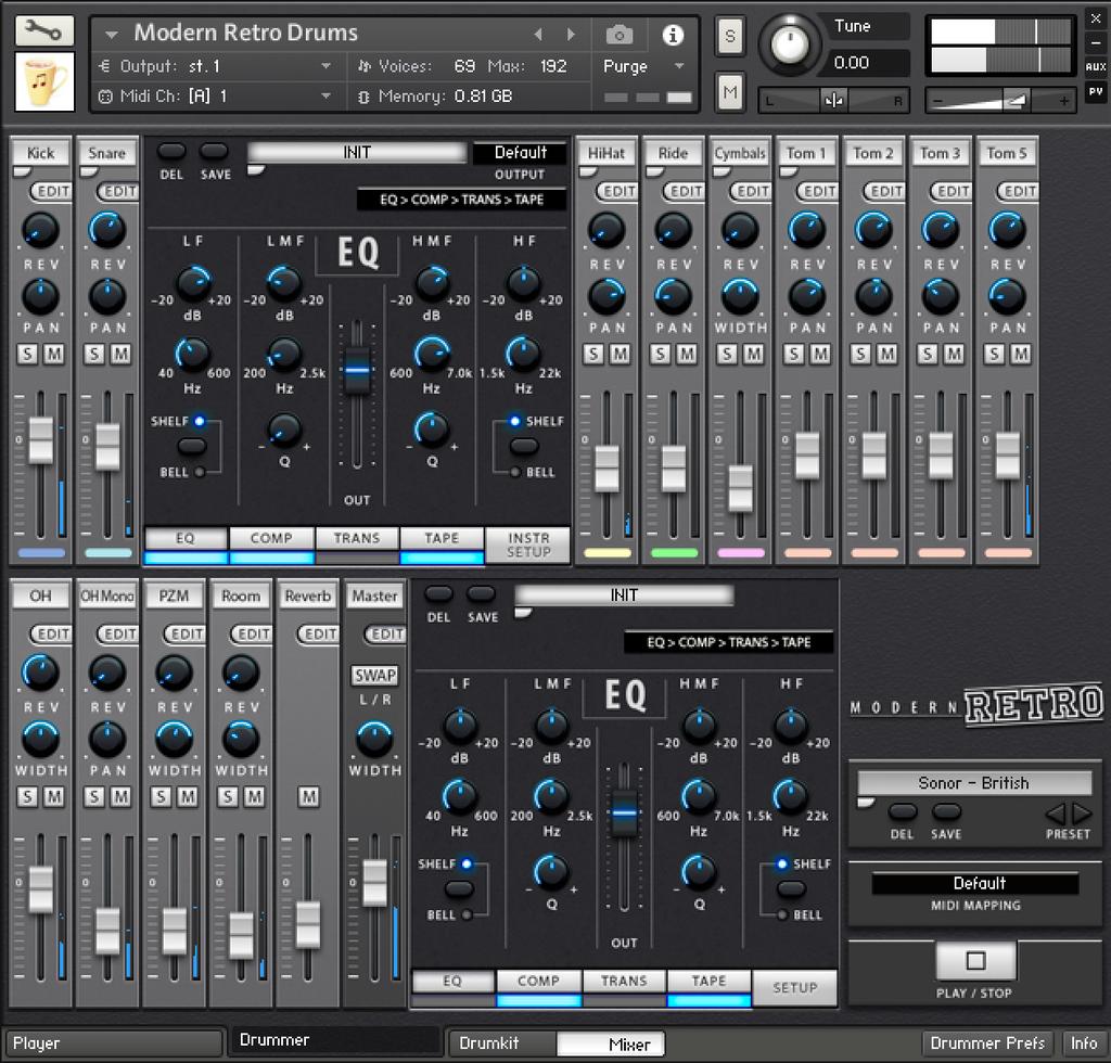 Mixer Click on the rounded target below each drum channel s label or on the label itself to open the drum selection menu Adjust Solo, Mute, Volume, Pan or Width (for stereo channels) and Rev (reverb