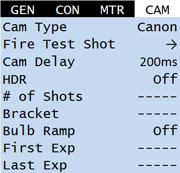 Increasing the speed allows for faster motor movement at the cost of angular resolution Camera (CAM) Camera Type Sets the camera type Fire Test Shot Test fires the camera Camera Delay Sets the camera