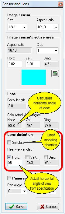 10 Part VI Lens distortion in CCTV design In the Sensor and lens box, pay attention to the difference between the calculated horizontal view angle - 68.