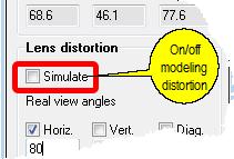 You can quickly enable or disable simulation of the active camera lens distortion, using the Simulate checkbox on the Lens distortion panel in the Sensor and lens box. Fig.