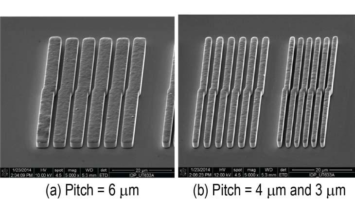 The lateral offset is 0.25 µm. These images are taken before the resist descum process. The effect of the Y overlap was also evaluated after Cu electroplating. Figure 9 shows three cases: (a) 1.