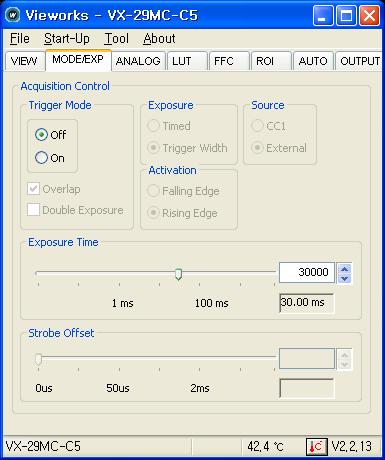 11.3.2 MODE/EXP Tab The MODE/EXP tab allows you to select trigger mode, exposure time, and strobe. All scroll bars are controllable with the mouse wheel scroll. Figure 11.