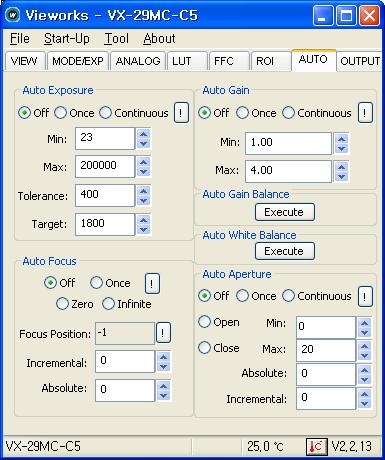 11.3.7 AUTO Tab The AUTO tab allows you to set the Auto Exposure, Auto Gain, Auto Focus, Auto Aperture, Auto Gain Balance, and Auto White Balance features. Figure 11.