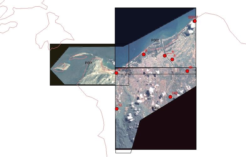 The pilot area is covered by 3 satellite image scenes. In each scene we tried to measure 4 points. The scene p002 and P003 did not pose any problem.