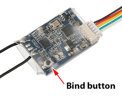 Power up the XSR receiver (Connect battery to the drone) while holding the Bind button. The LED on the receiver will start flashing, which means binding has completed. 3.