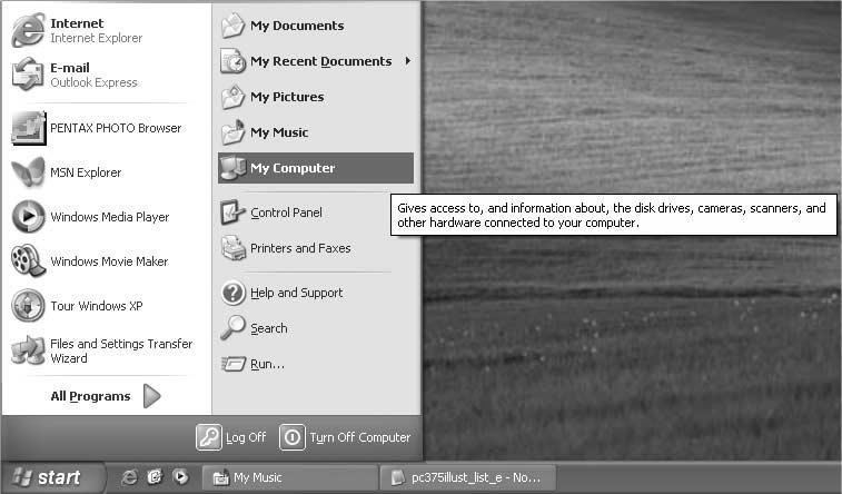 Saving Camera Images on Your PC Windows XP is used as an example here. 1 Click [My Computer] from the start menu. 13 2 Double-click the [Removable Disk] icon.