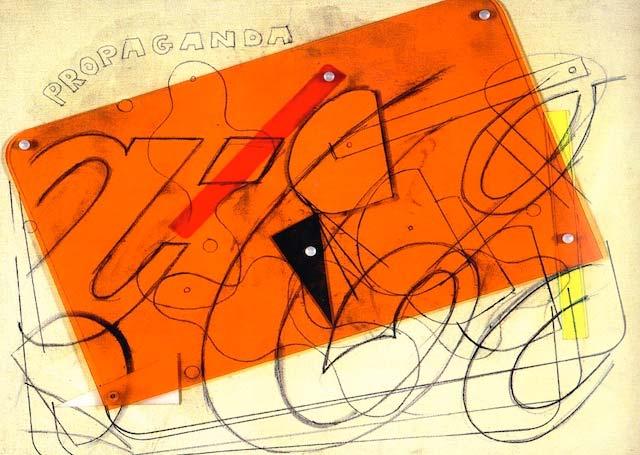 Mario Schifano, Propaganda (1965). Enamel and graphite with Plexiglas collage on canvas, 32 1/4 x 40 1/8 inches.