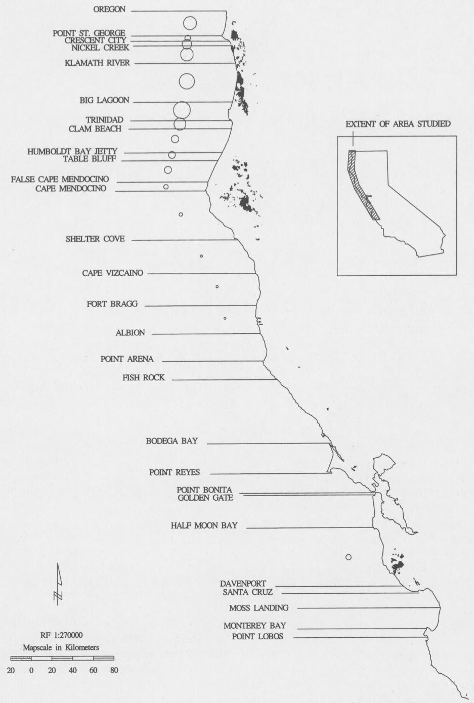 Figure 2 Densities of Marbled Murrelets along California coast by coastal sections. Proportional circles indicate densities per 2-km coastal segment (12 km 2 ).