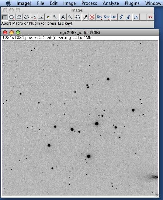 the wimpy star cluster NGC 7063 taken at Lick Observatory outside of San Jose, CA. 1. Open the image in ImageJ, invert it, and adjust the brightness and contrast so you can see faint stars.