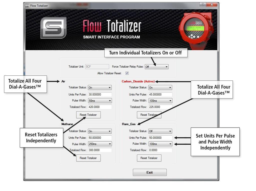 Overview of Flow Totalizer Features Figure 1. Flow Totalizer User Interface Turn Totalizers On/Off, Test or Reset Totalize accumulated flow for each of four loaded gases loaded into the instrument.