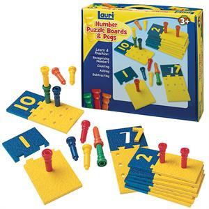 This teaching tool provides progressive challenges as kids advance. Each number puzzle connects only to the puzzle board with the correct number of holes.
