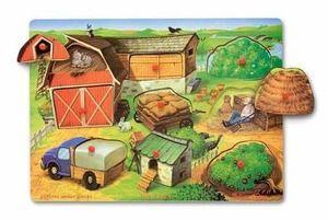 Wooden s Farm Hide and Seek Wooden Peg What's hiding behind the barn doors or the haystack? Use the peg to lift up the wooden puzzle piece for a surprise.