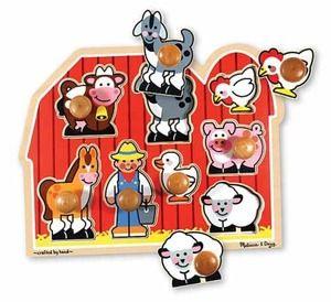 99 Farm Sounds Wooden Each happy farm animal "sounds off" in its own voice when the animal puzzle piece is placed correctly in the puzzle board of this wooden eight-piece peg puzzle!