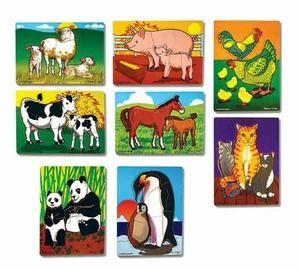0562774E Mothers and Babies Wooden s See adult animals care for their young with this wooden jigsaw puzzle set featuring eight colorful animal families.